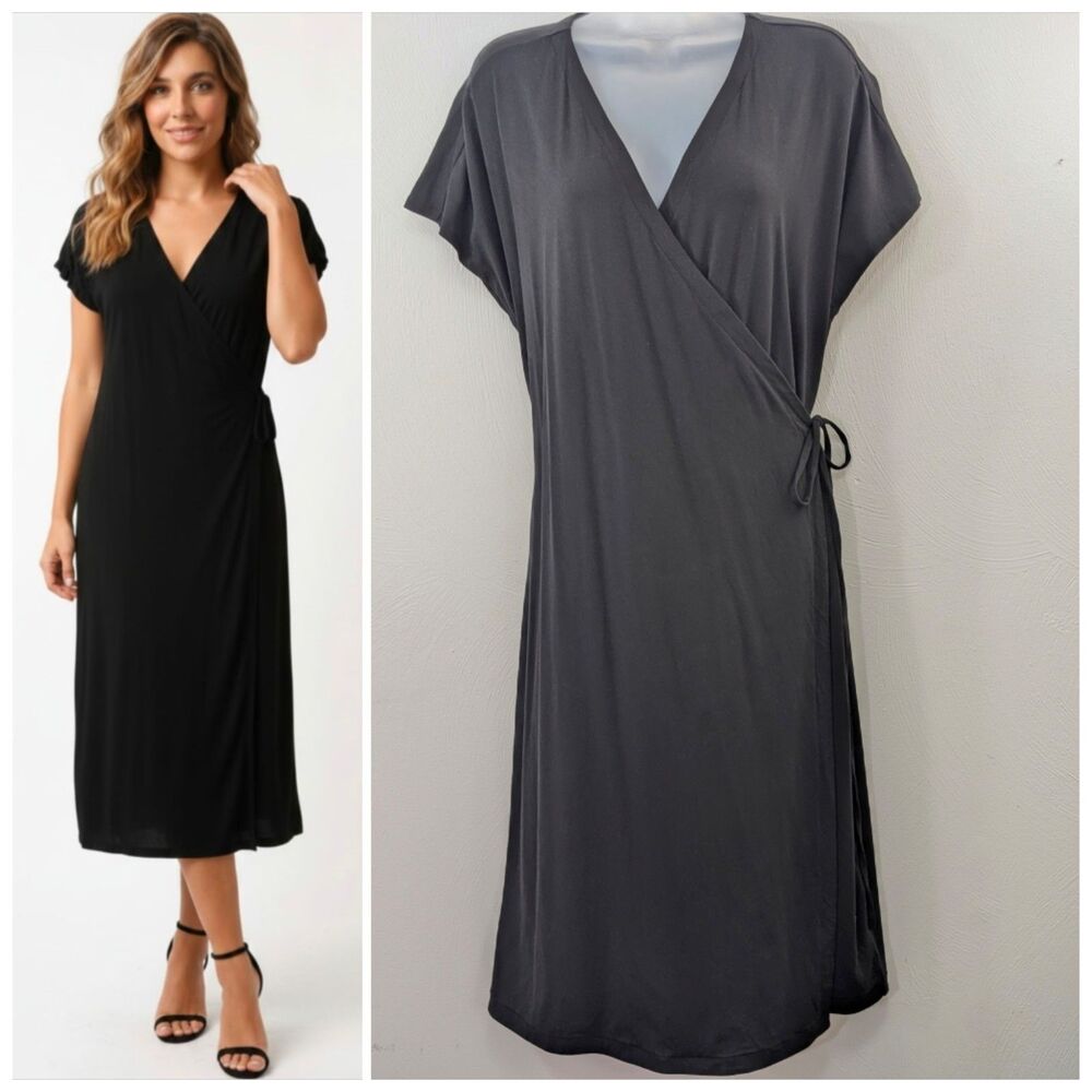 Eileen Fisher Black Large Dress Cap Sleeve Wrap Around Midi Stretch Any Occasion